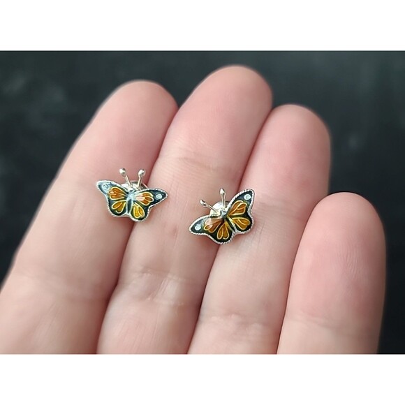 925 Sterling Silver Enamel Butterfly Stud Earrings Vintage - Picture 2 of 10